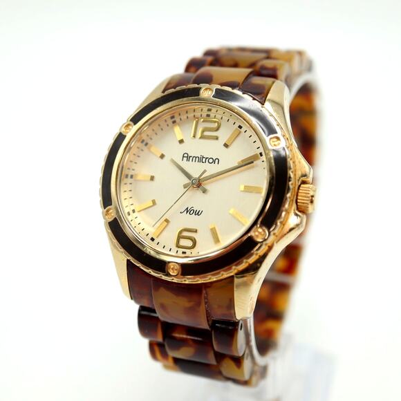 Armitron Womens Tortoise Brown Watch Gold Tone Acrylic Bracelet w New Battery - Picture 1 of 14